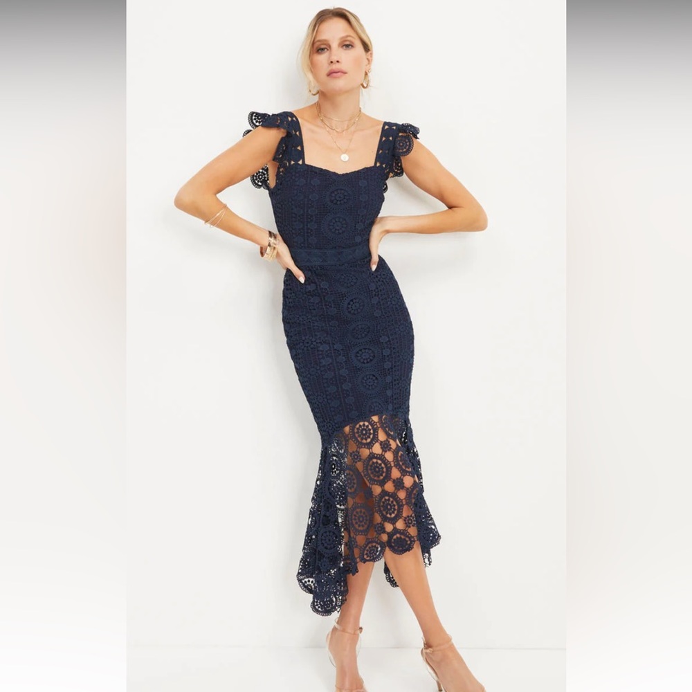 VICI Crochet Lace Ruffle Midi Dress (Navy)